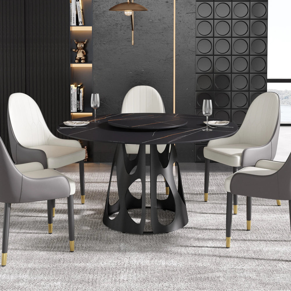 Marbella Sintered Stone Dining Table | 53" Matte Black Round With Lazy Susan Turntable