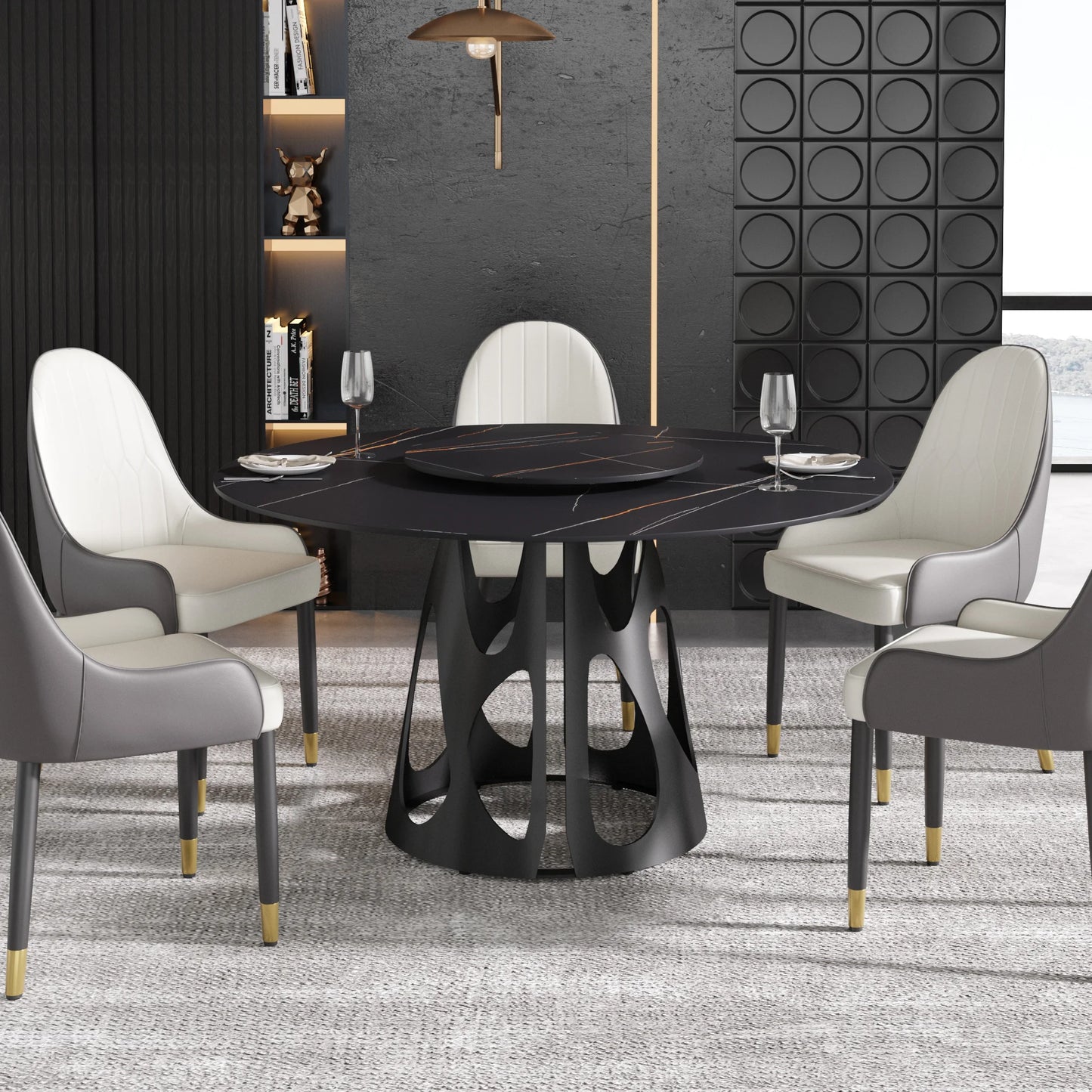Marbella Sintered Stone Dining Table | 53" Matte Black Round With Lazy Susan Turntable