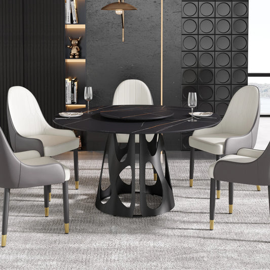 Marbella Sintered Stone Dining Table | 53" Matte Black Round With Lazy Susan Turntable
