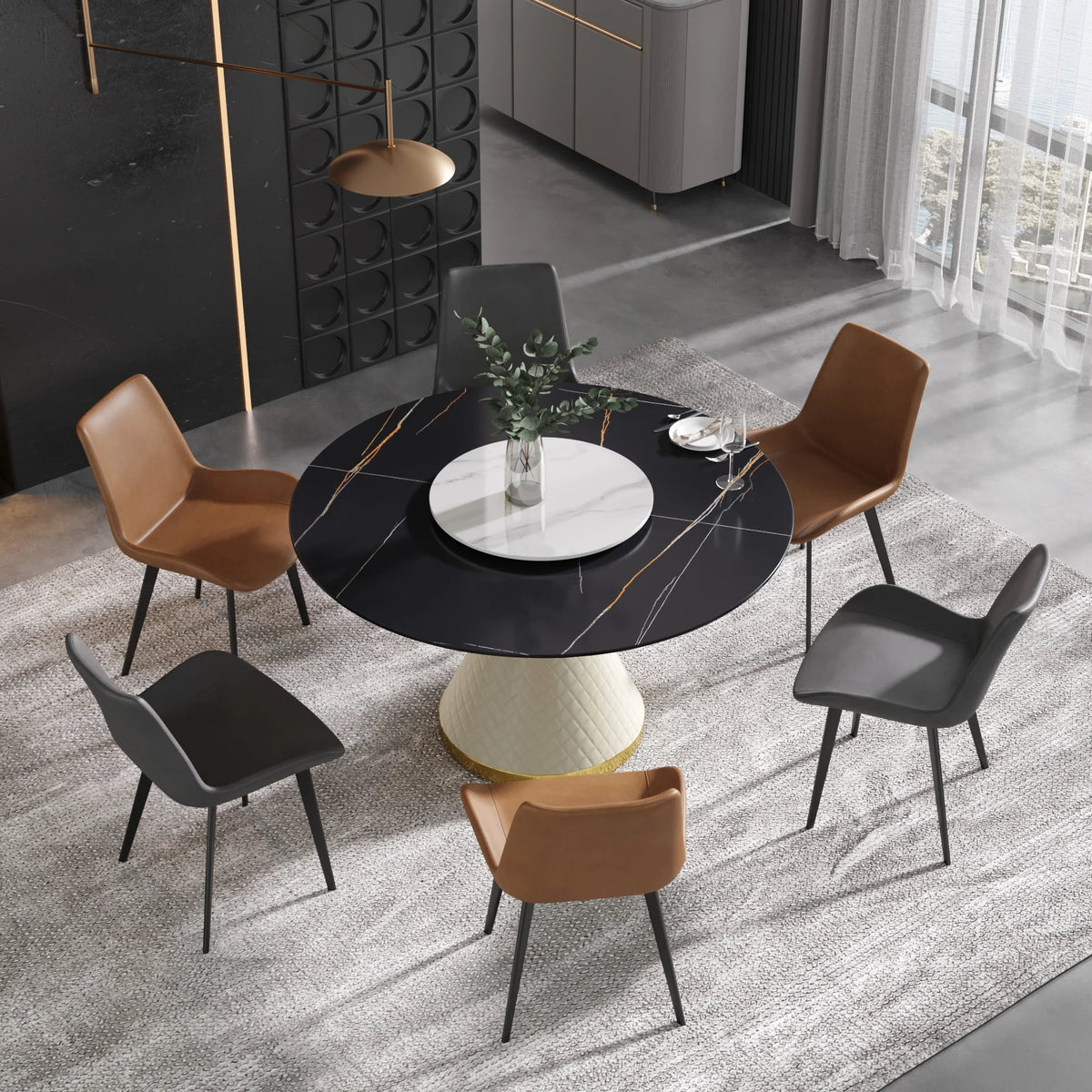 Mesa de comedor Marbella de piedra sinterizada | Redonda de 135 cm (53") en negro mate con plato giratorio Lazy Susan