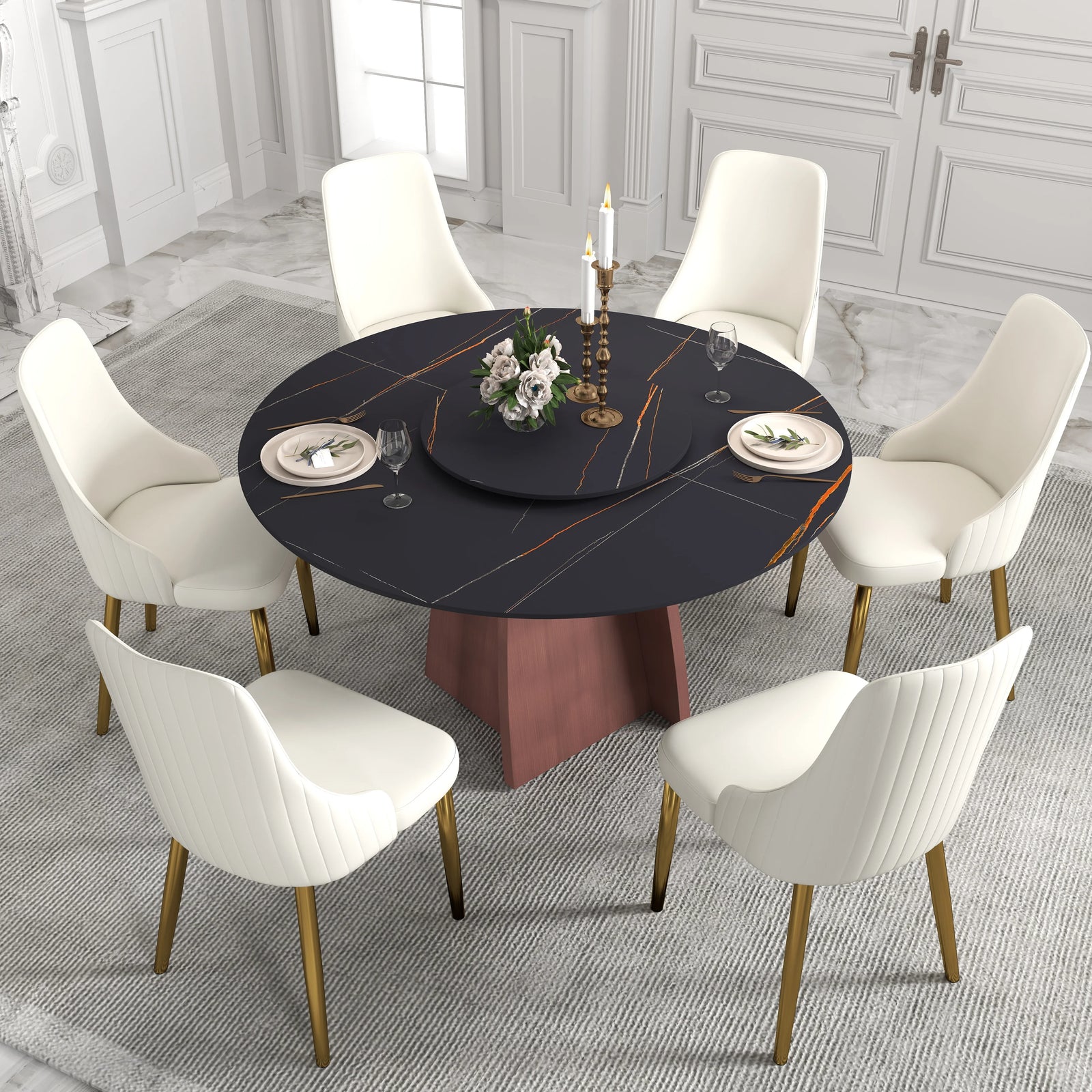 Mesa de comedor Marbella de piedra sinterizada | Redonda de 135 cm (53") en negro mate con plato giratorio Lazy Susan
