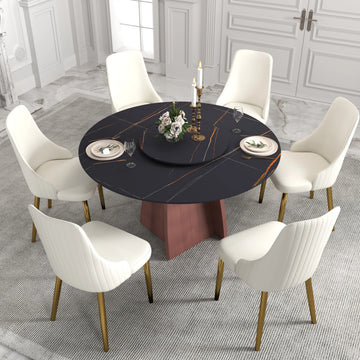 Mesa de comedor Marbella de piedra sinterizada | Redonda de 135 cm (53") en negro mate con plato giratorio Lazy Susan
