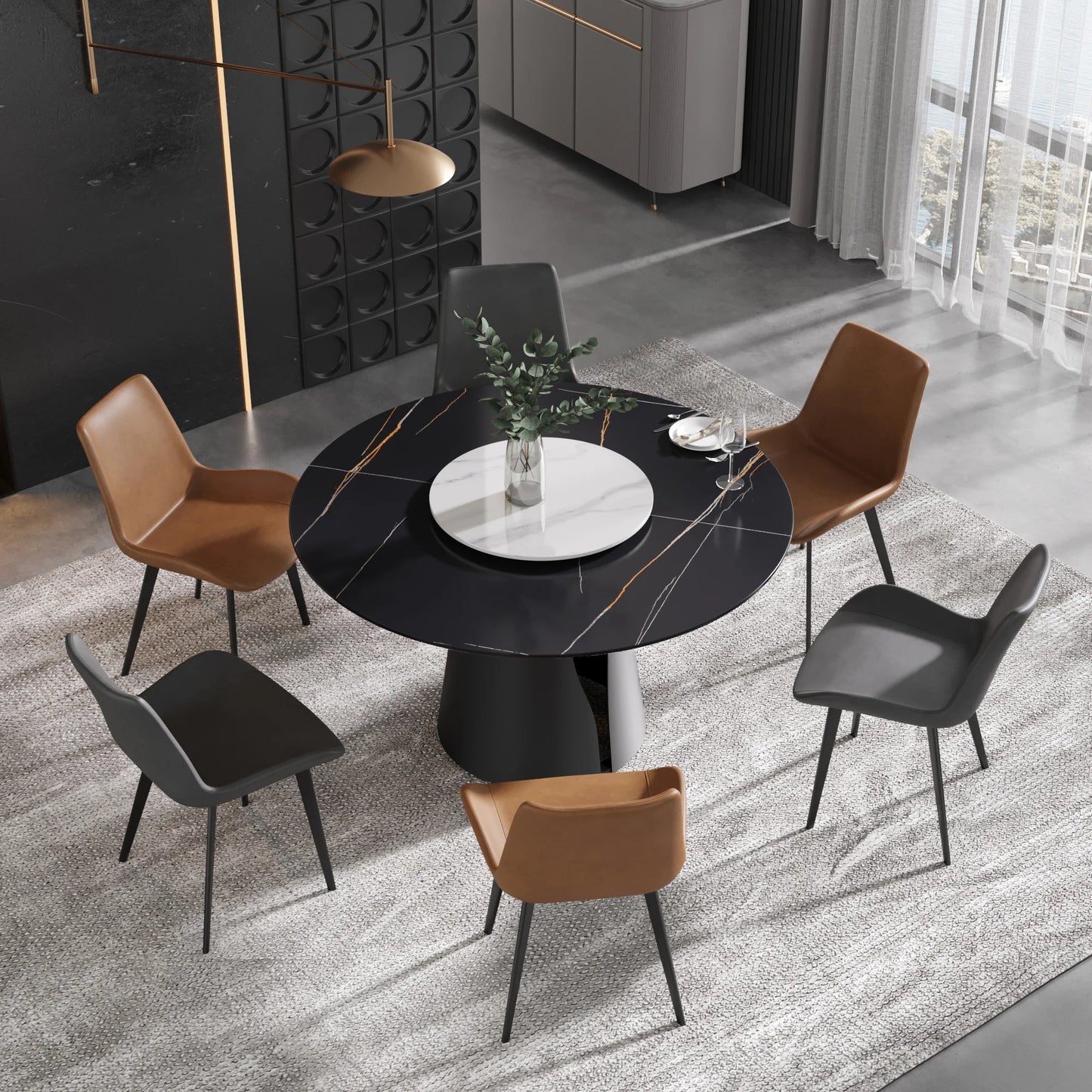 Marbella Sintered Stone Dining Table | 53" Matte Black Round With Lazy Susan Turntable