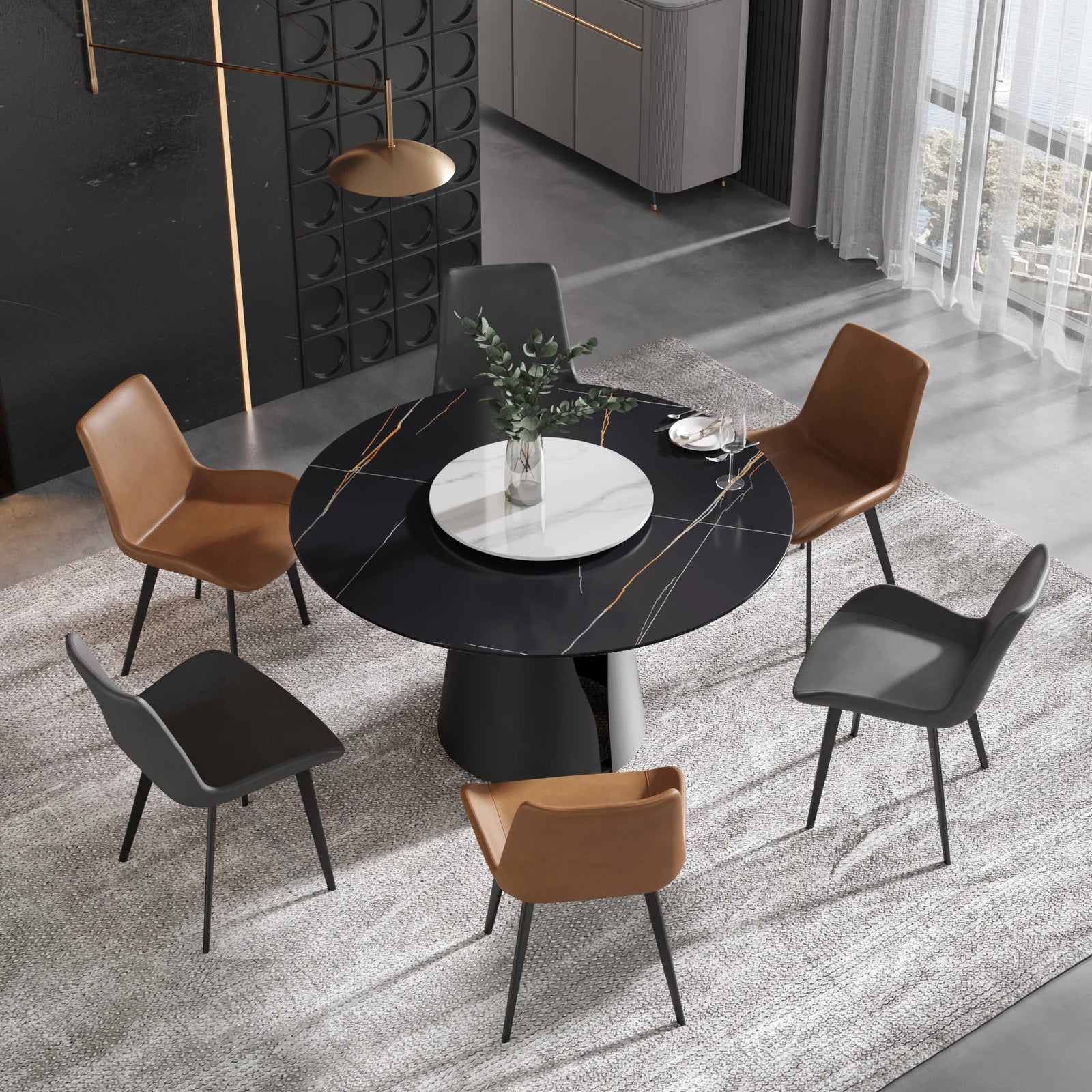 Mesa de comedor Marbella de piedra sinterizada | Redonda de 135 cm (53") en negro mate con plato giratorio Lazy Susan