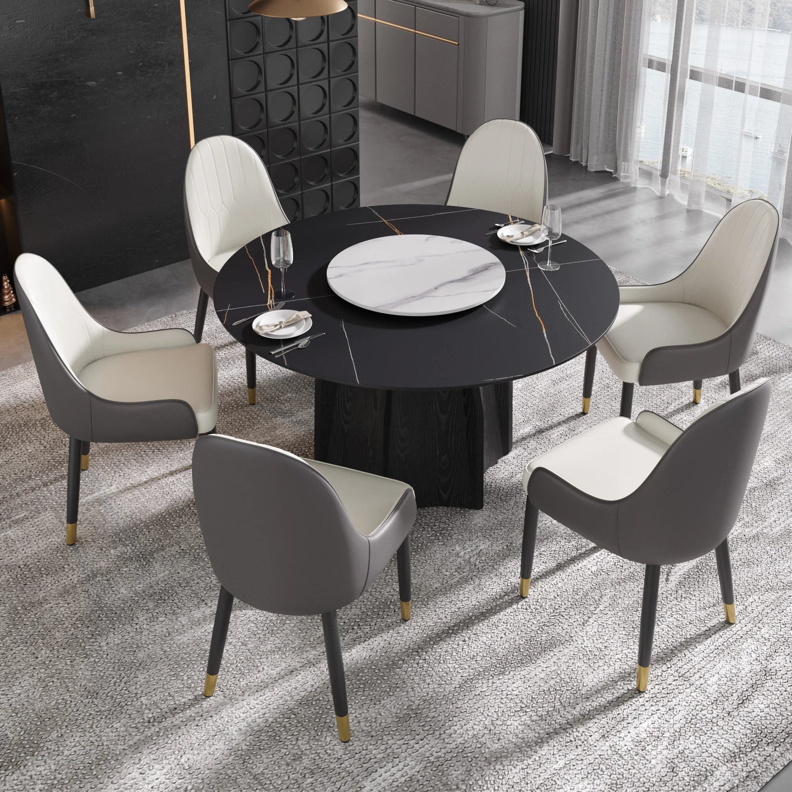 Mesa de comedor Marbella de piedra sinterizada | Redonda de 135 cm (53") en negro mate con plato giratorio Lazy Susan