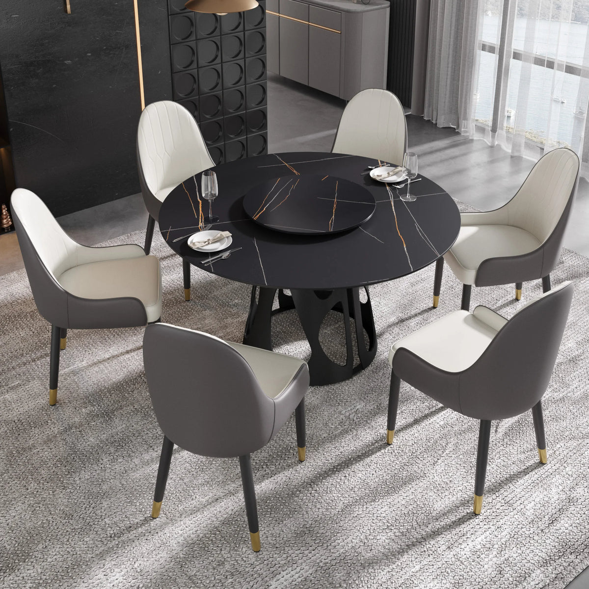 Marbella Sintered Stone Dining Table | 53" Matte Black Round With Lazy Susan Turntable