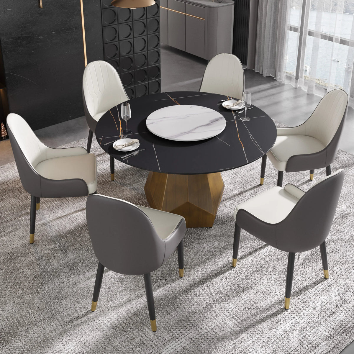 Marbella Sintered Stone Dining Table | 53" Matte Black Round With Lazy Susan Turntable