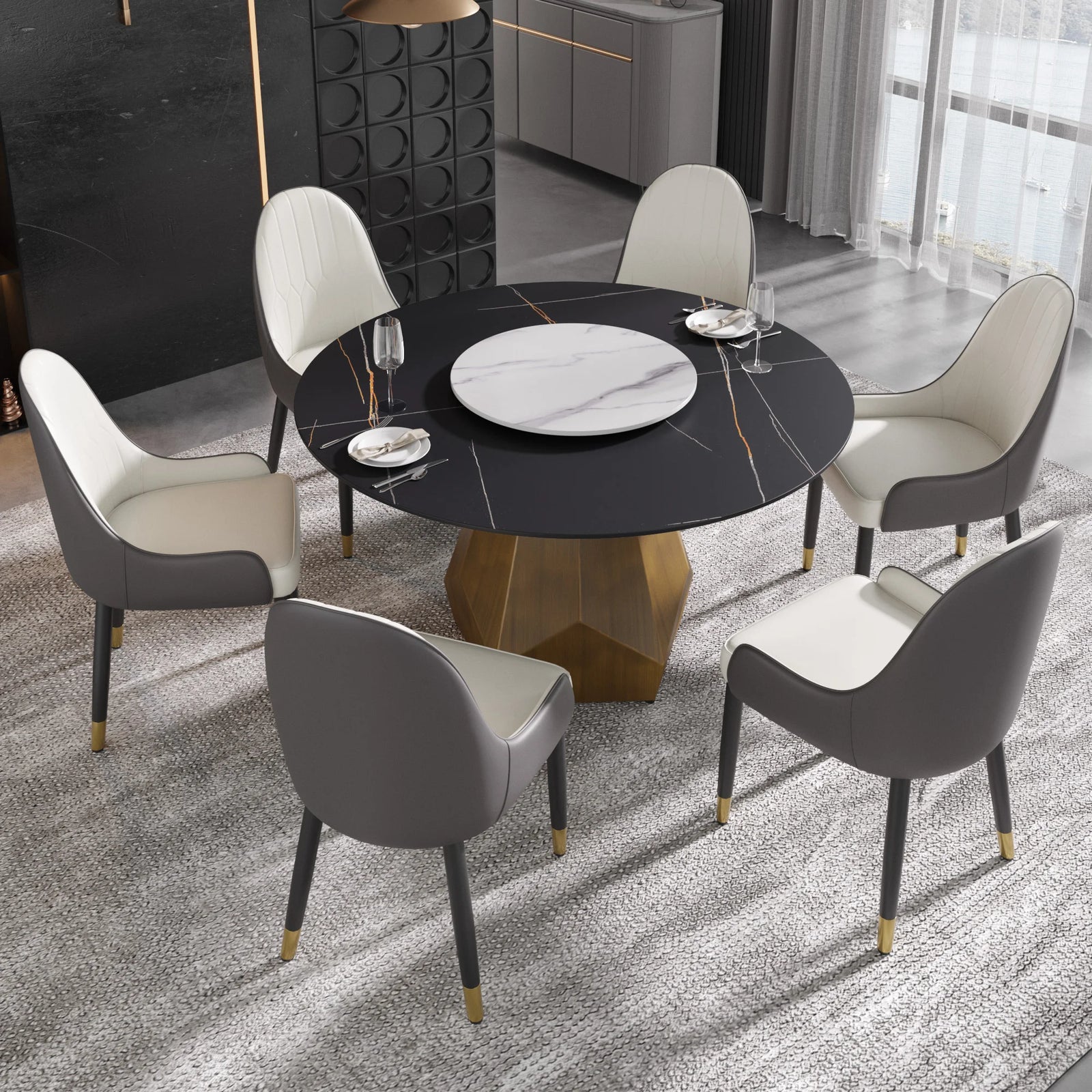 Mesa de comedor Marbella de piedra sinterizada | Redonda de 135 cm (53") en negro mate con plato giratorio Lazy Susan