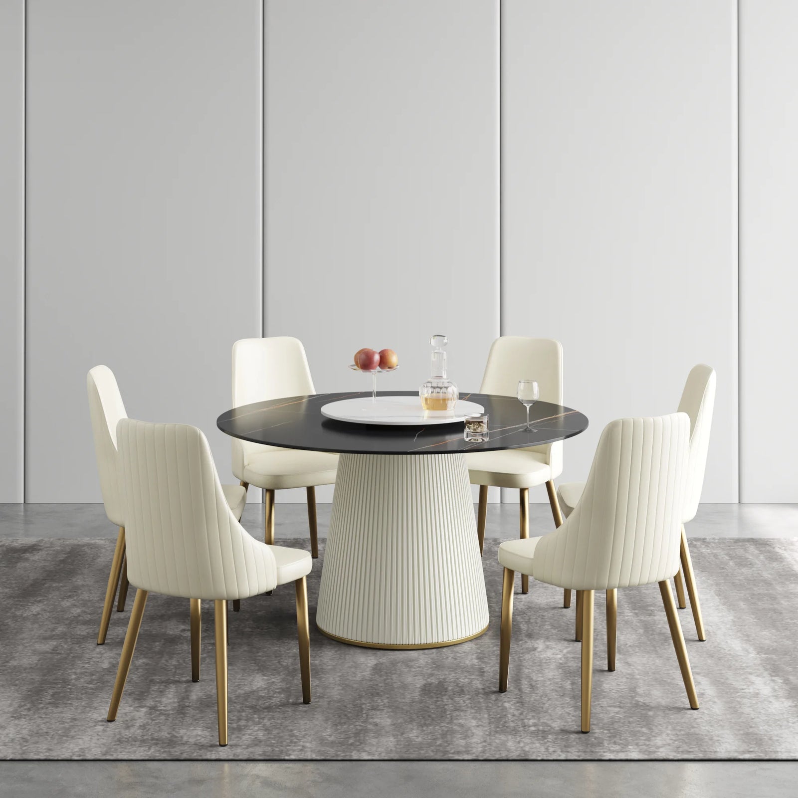 Mesa de comedor Marbella de piedra sinterizada | Redonda de 135 cm (53") en negro mate con plato giratorio Lazy Susan