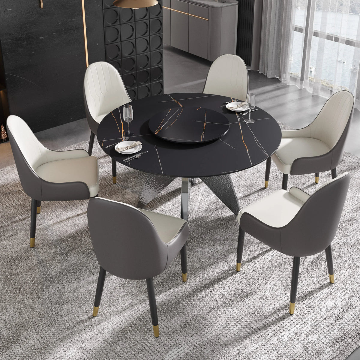 Marbella Sintered Stone Dining Table | 53" Matte Black Round With Lazy Susan Turntable