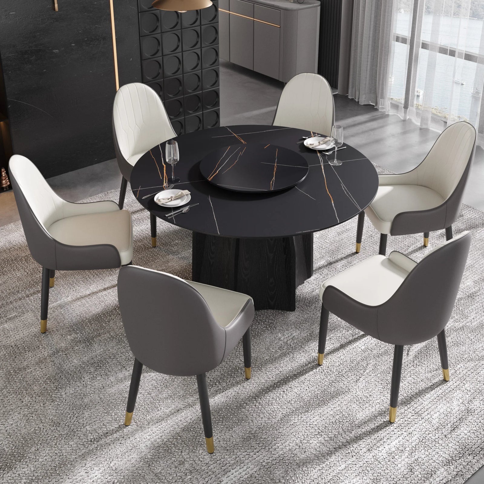 Mesa de comedor Marbella de piedra sinterizada | Redonda de 135 cm (53") en negro mate con plato giratorio Lazy Susan