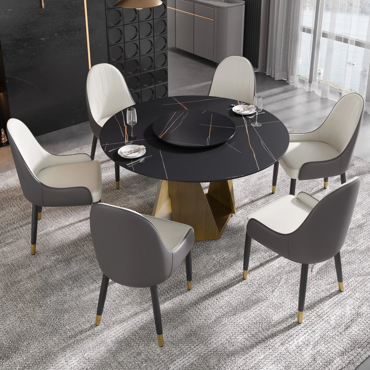 Mesa de comedor Marbella de piedra sinterizada | Redonda de 135 cm (53") en negro mate con plato giratorio Lazy Susan