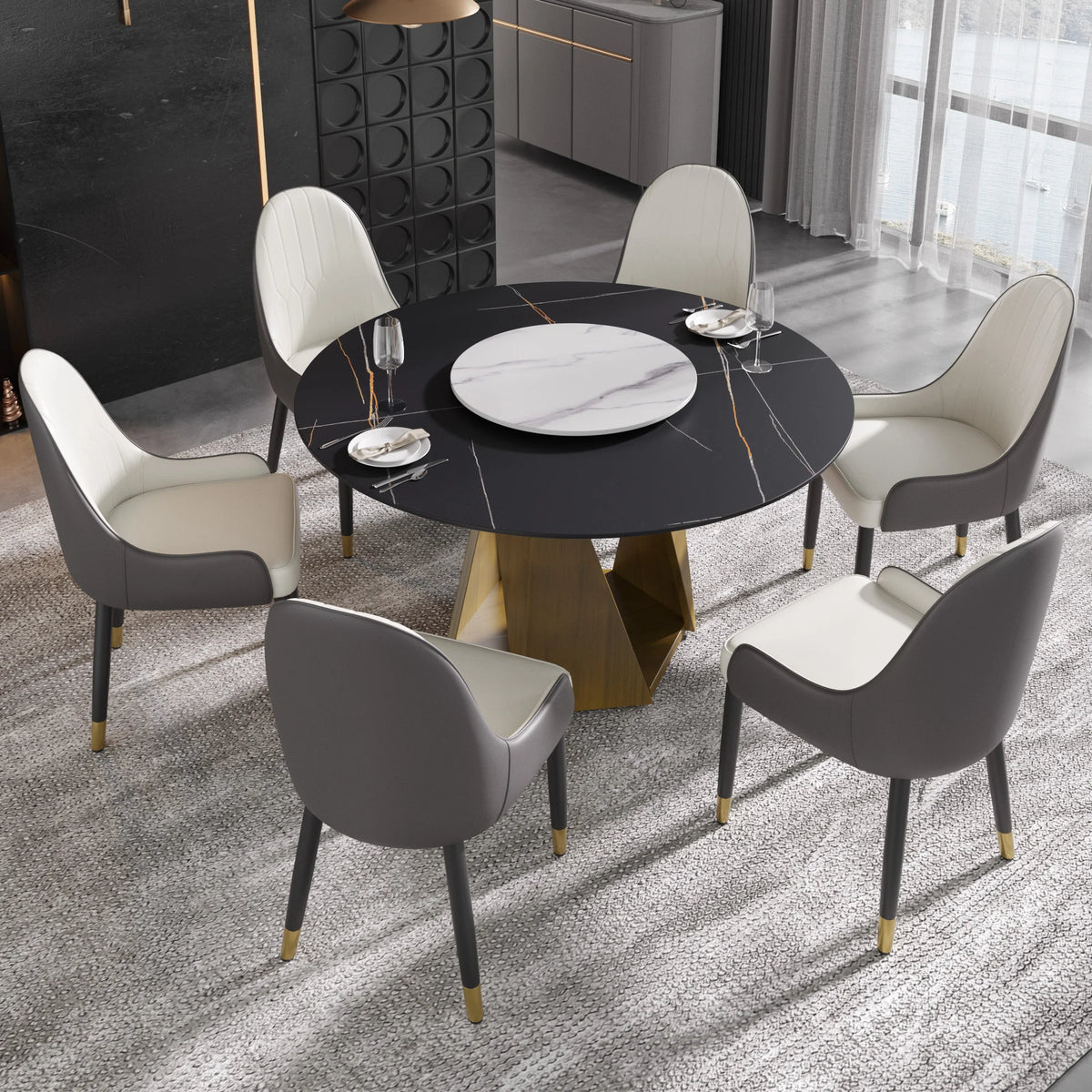 Marbella Sintered Stone Dining Table | 53" Matte Black Round With Lazy Susan Turntable