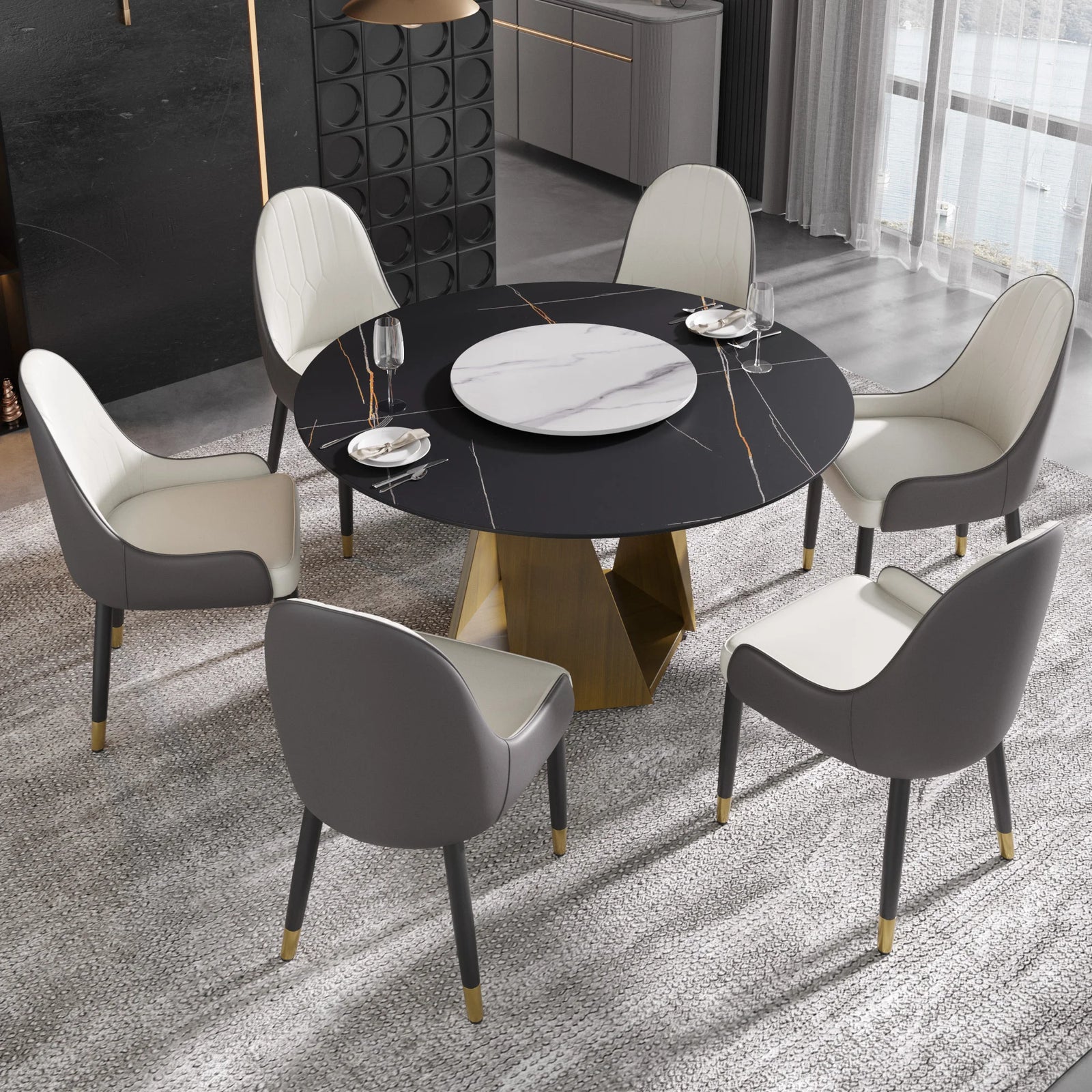 Mesa de comedor Marbella de piedra sinterizada | Redonda de 135 cm (53") en negro mate con plato giratorio Lazy Susan