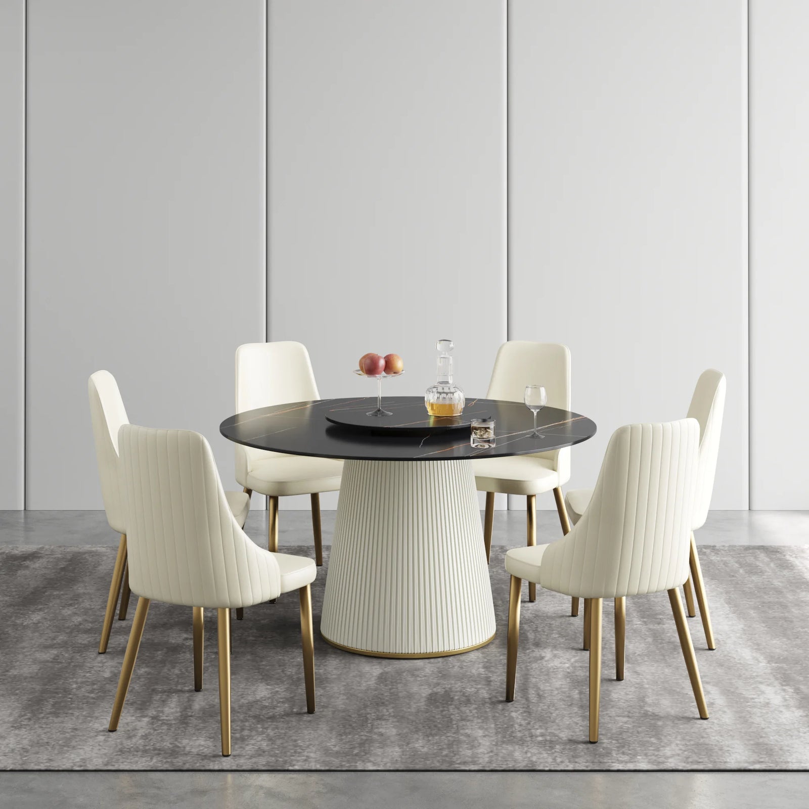 Marbella Sintered Stone Dining Table | 53" Matte Black Round With Lazy Susan Turntable