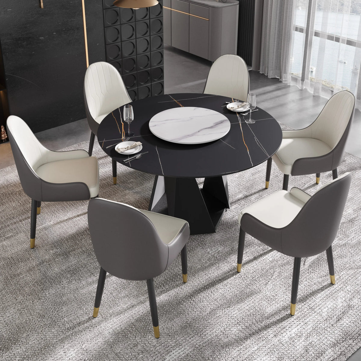 Mesa de comedor Marbella de piedra sinterizada | Redonda de 135 cm (53") en negro mate con plato giratorio Lazy Susan