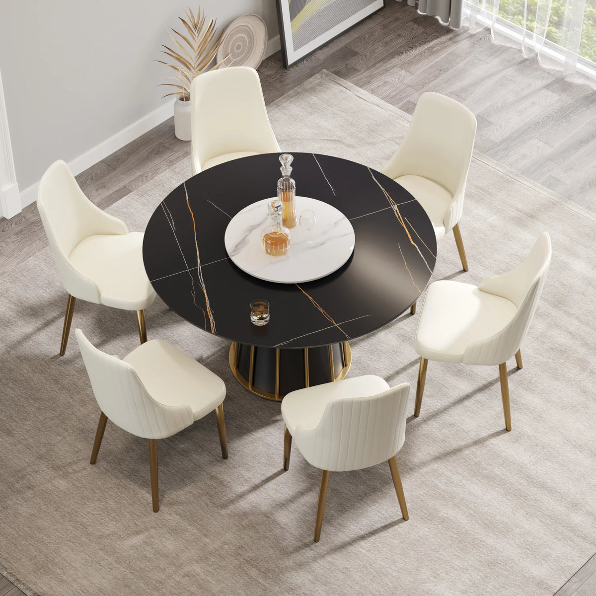 Mesa de comedor Marbella de piedra sinterizada | Redonda de 135 cm (53") en negro mate con plato giratorio Lazy Susan