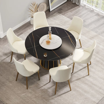 Mesa de comedor Marbella de piedra sinterizada | Redonda de 135 cm (53") en negro mate con plato giratorio Lazy Susan