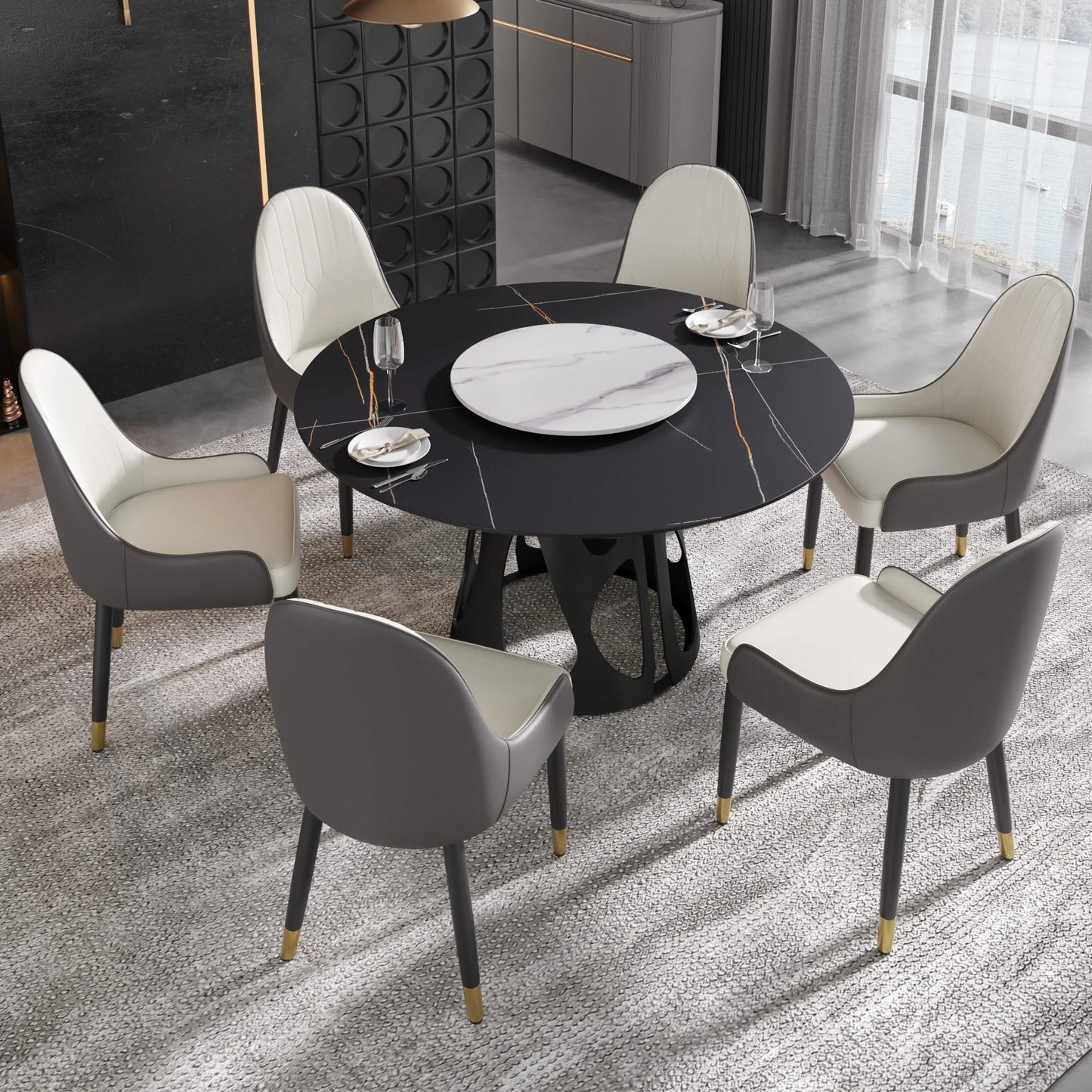 Marbella Sintered Stone Dining Table | 53" Matte Black Round With Lazy Susan Turntable