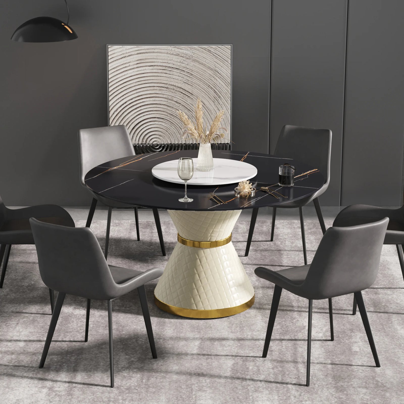 Mesa de comedor Marbella de piedra sinterizada | Redonda de 135 cm (53") en negro mate con plato giratorio Lazy Susan