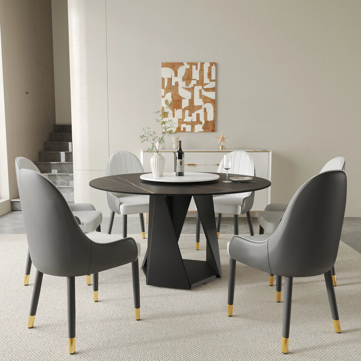 Marbella Sintered Stone Dining Table | 53" Matte Black Round With Lazy Susan Turntable