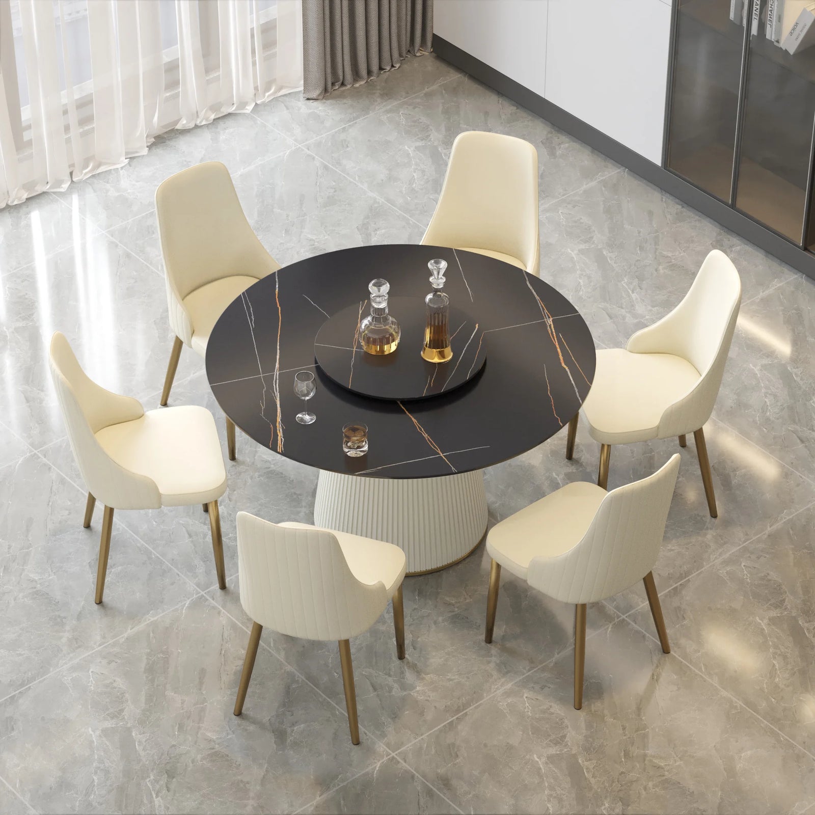 Marbella Sintered Stone Dining Table | 53" Matte Black Round With Lazy Susan Turntable