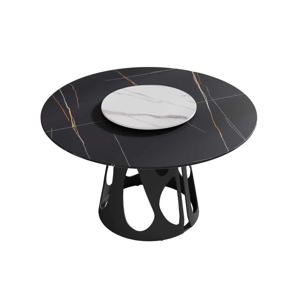 Marbella Sintered Stone Dining Table | 53" Matte Black Round With Lazy Susan Turntable
