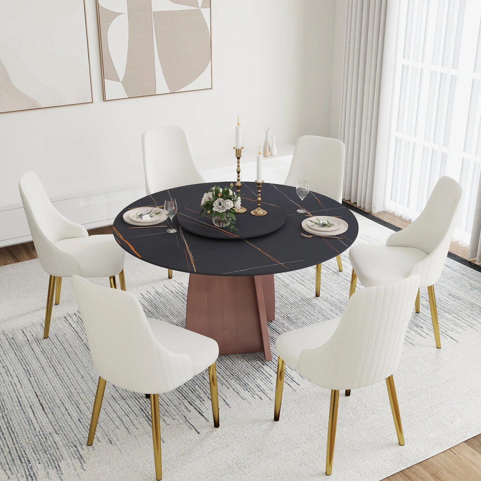 Mesa de comedor Marbella de piedra sinterizada | Redonda de 135 cm (53") en negro mate con plato giratorio Lazy Susan