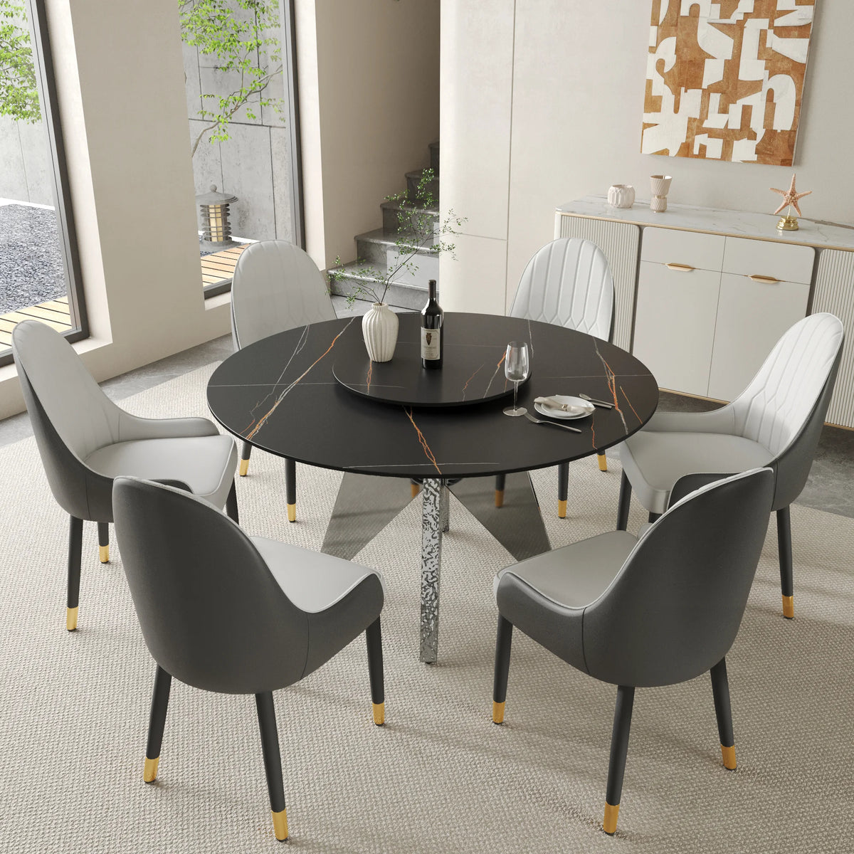 Marbella Sintered Stone Dining Table | 53" Matte Black Round With Lazy Susan Turntable