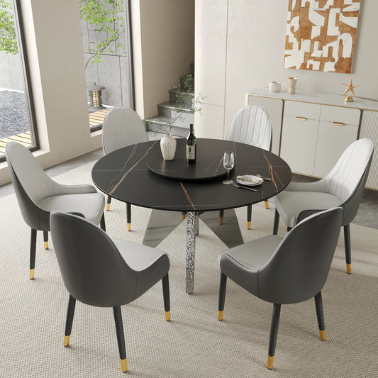Marbella Sintered Stone Dining Table | 53" Matte Black Round With Lazy Susan Turntable