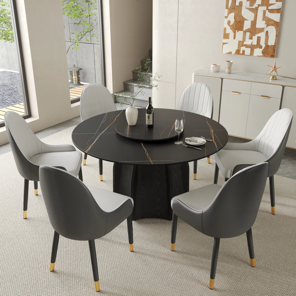 Marbella Sintered Stone Dining Table | 53" Matte Black Round With Lazy Susan Turntable