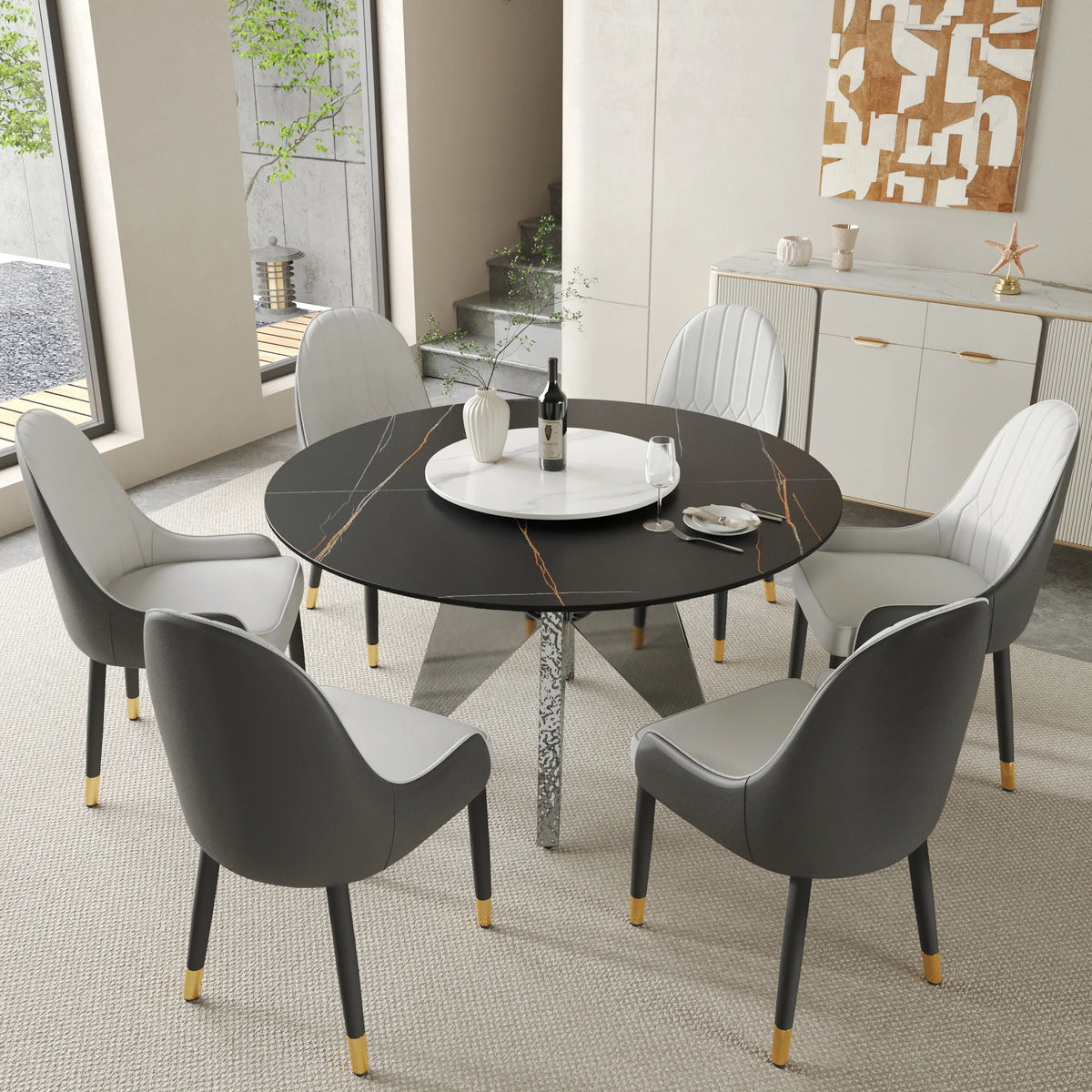 Mesa de comedor Marbella de piedra sinterizada | Redonda de 135 cm (53") en negro mate con plato giratorio Lazy Susan