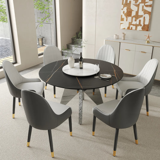 Marbella Sintered Stone Dining Table | 53" Matte Black Round With Lazy Susan Turntable