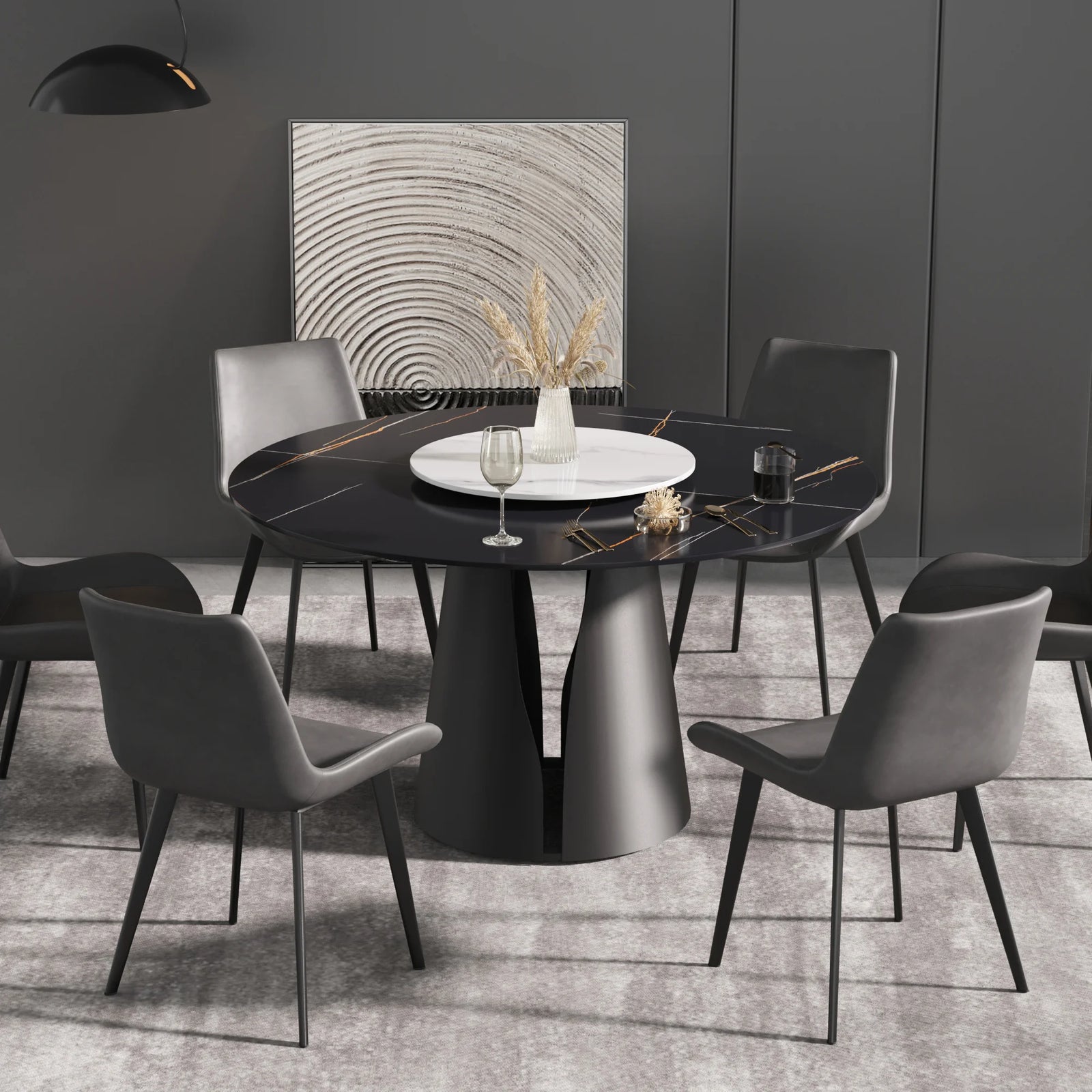 Mesa de comedor Marbella de piedra sinterizada | Redonda de 135 cm (53") en negro mate con plato giratorio Lazy Susan