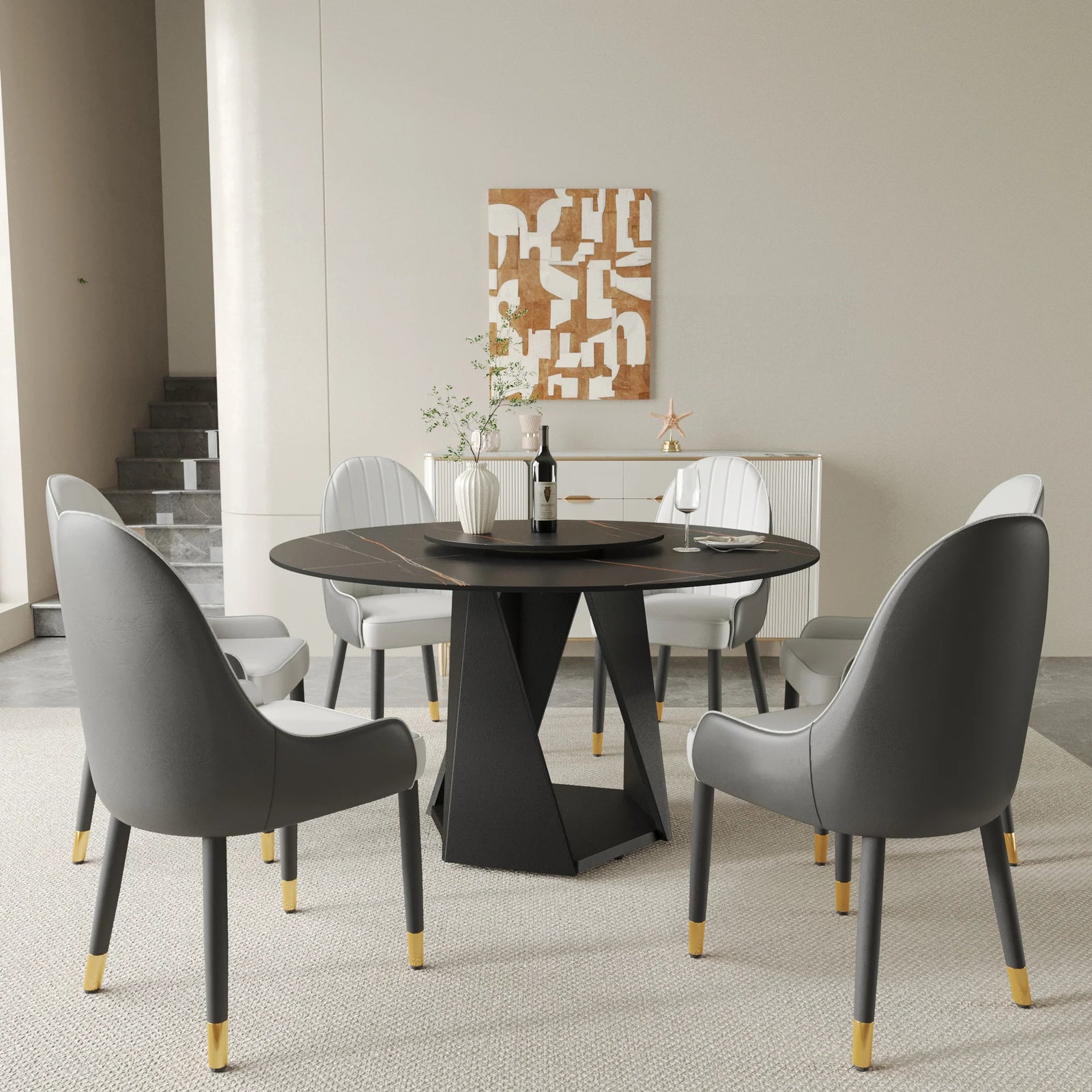 Mesa de comedor Marbella de piedra sinterizada | Redonda de 135 cm (53") en negro mate con plato giratorio Lazy Susan