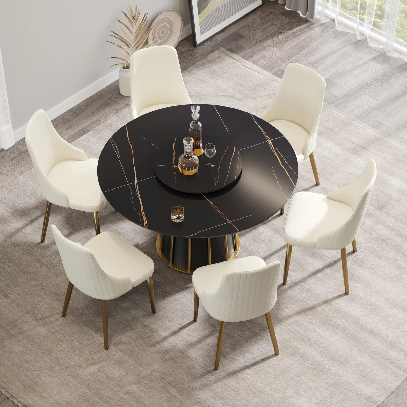 Mesa de comedor Marbella de piedra sinterizada | Redonda de 135 cm (53") en negro mate con plato giratorio Lazy Susan