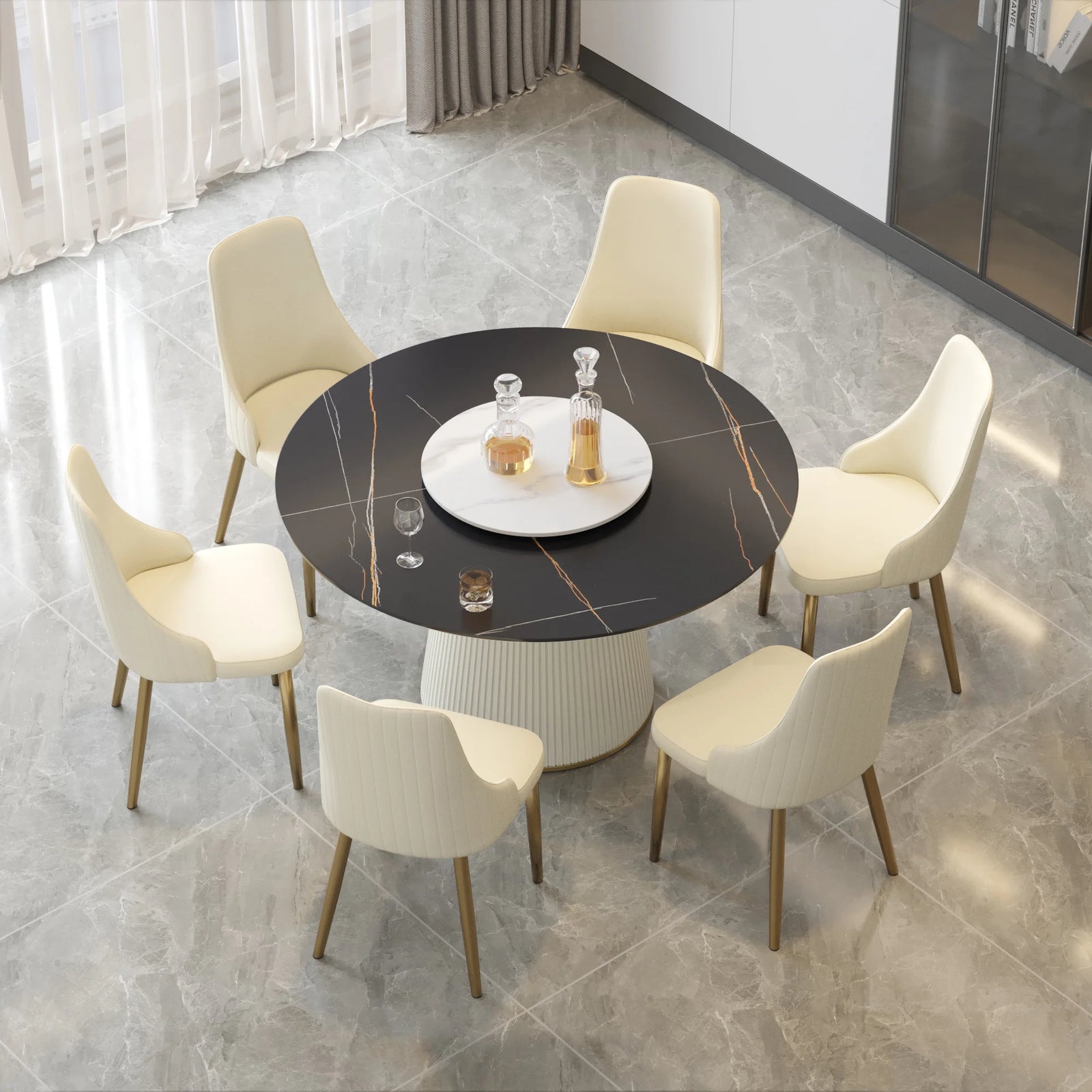 Mesa de comedor Marbella de piedra sinterizada | Redonda de 135 cm (53") en negro mate con plato giratorio Lazy Susan