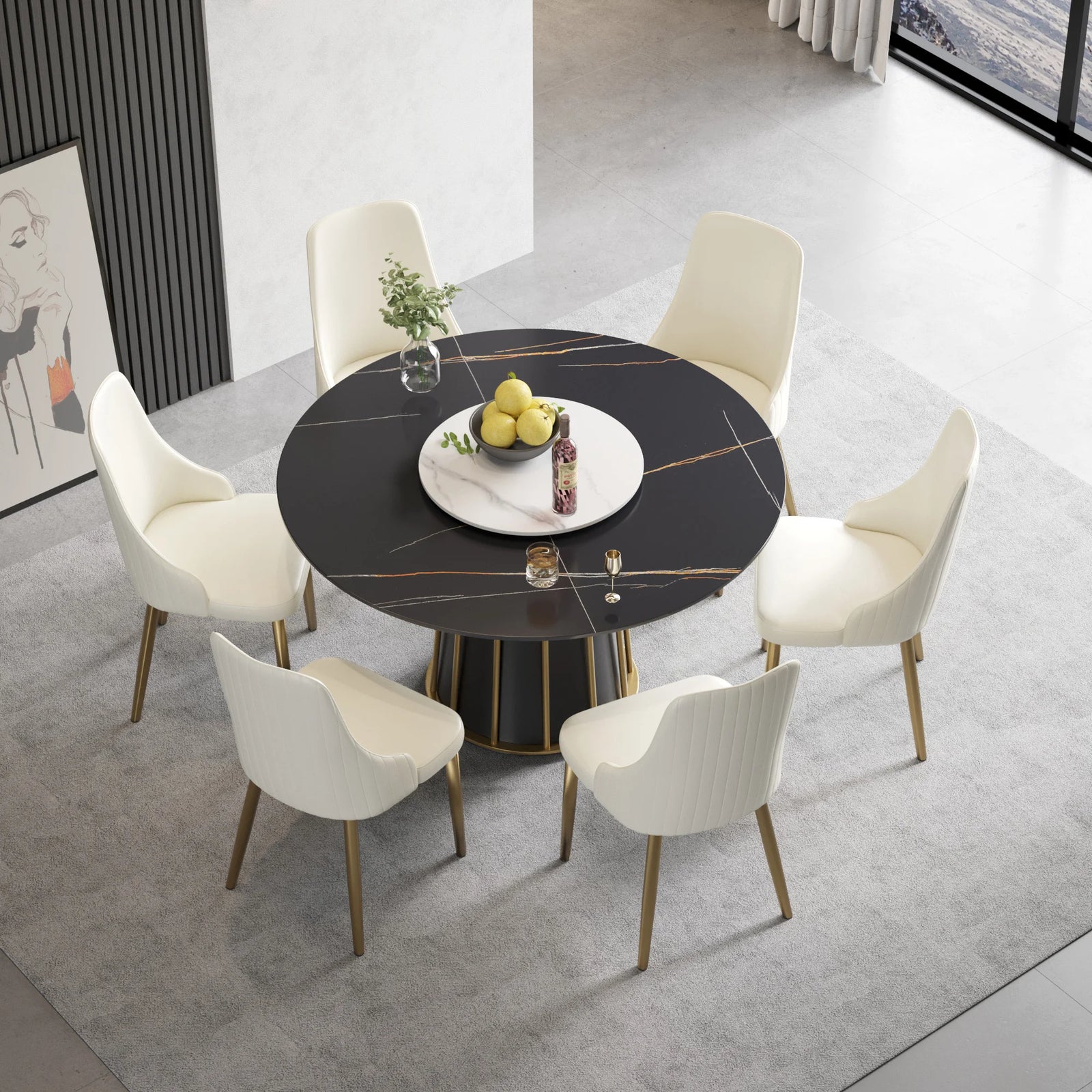 Mesa de comedor Marbella de piedra sinterizada | Redonda de 135 cm (53") en negro mate con plato giratorio Lazy Susan