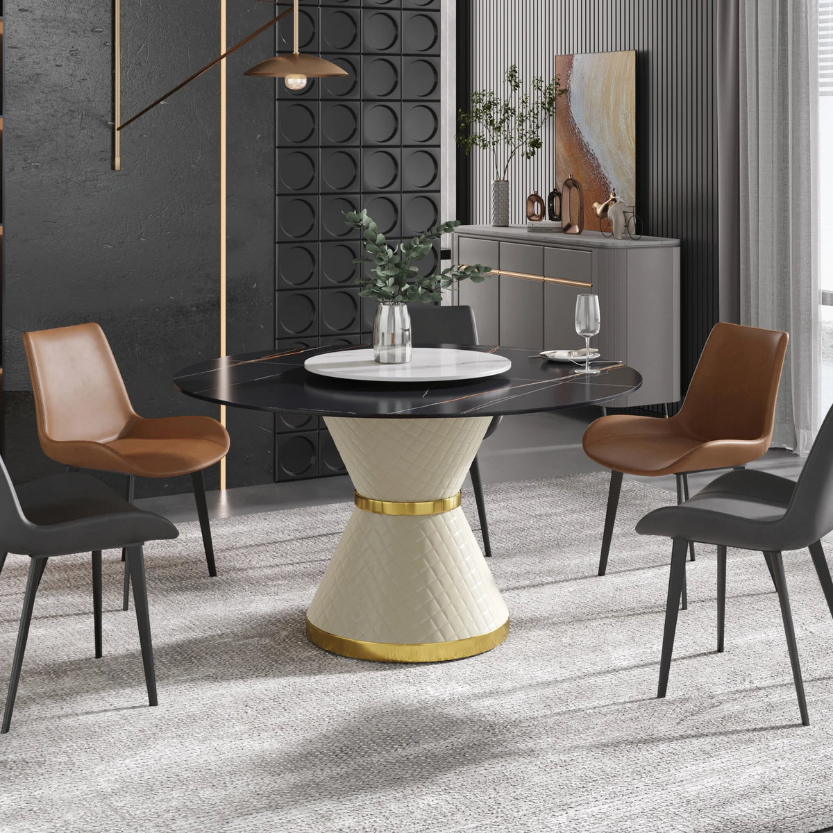 Mesa de comedor Marbella de piedra sinterizada | Redonda de 135 cm (53") en negro mate con plato giratorio Lazy Susan