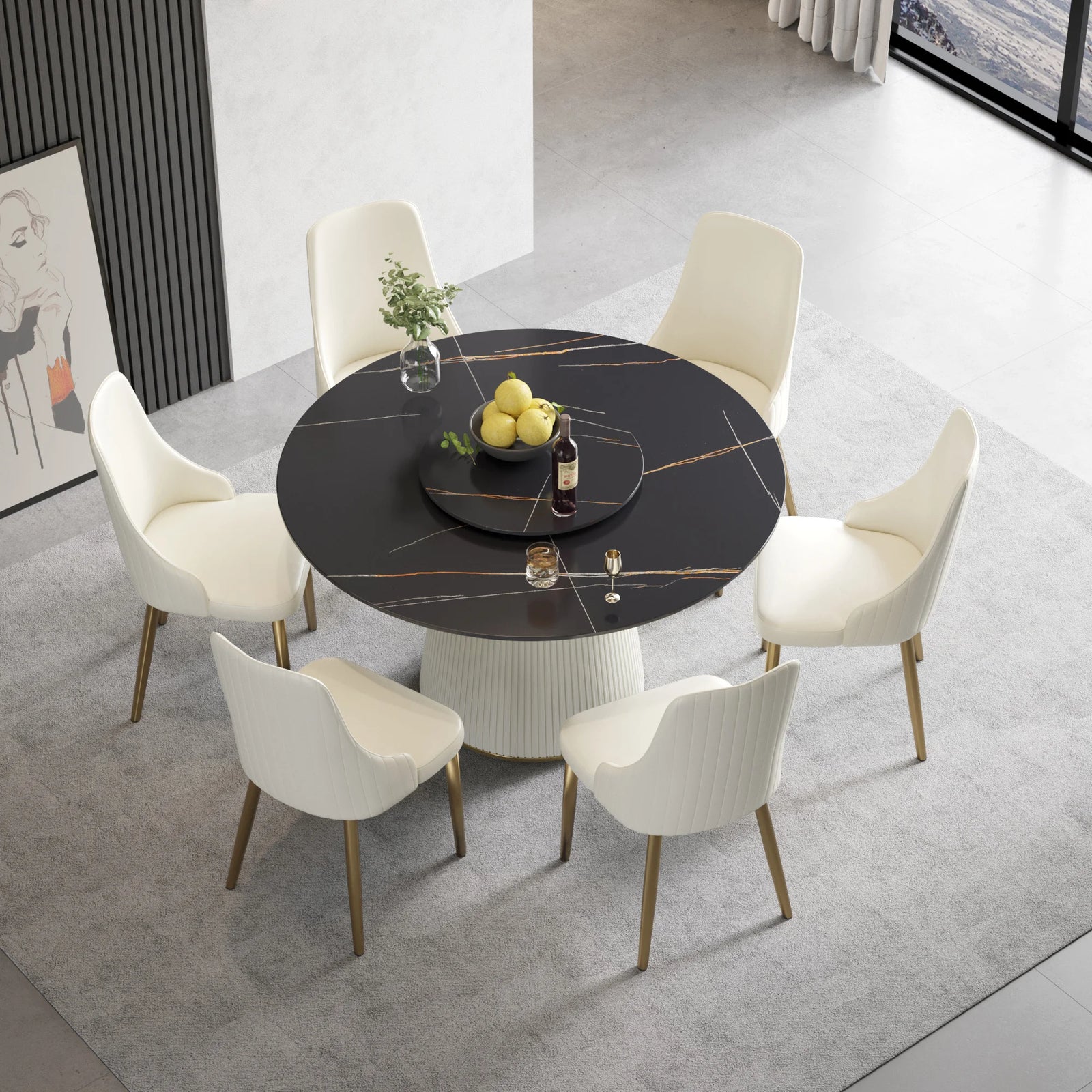 Marbella Sintered Stone Dining Table | 53" Matte Black Round With Lazy Susan Turntable