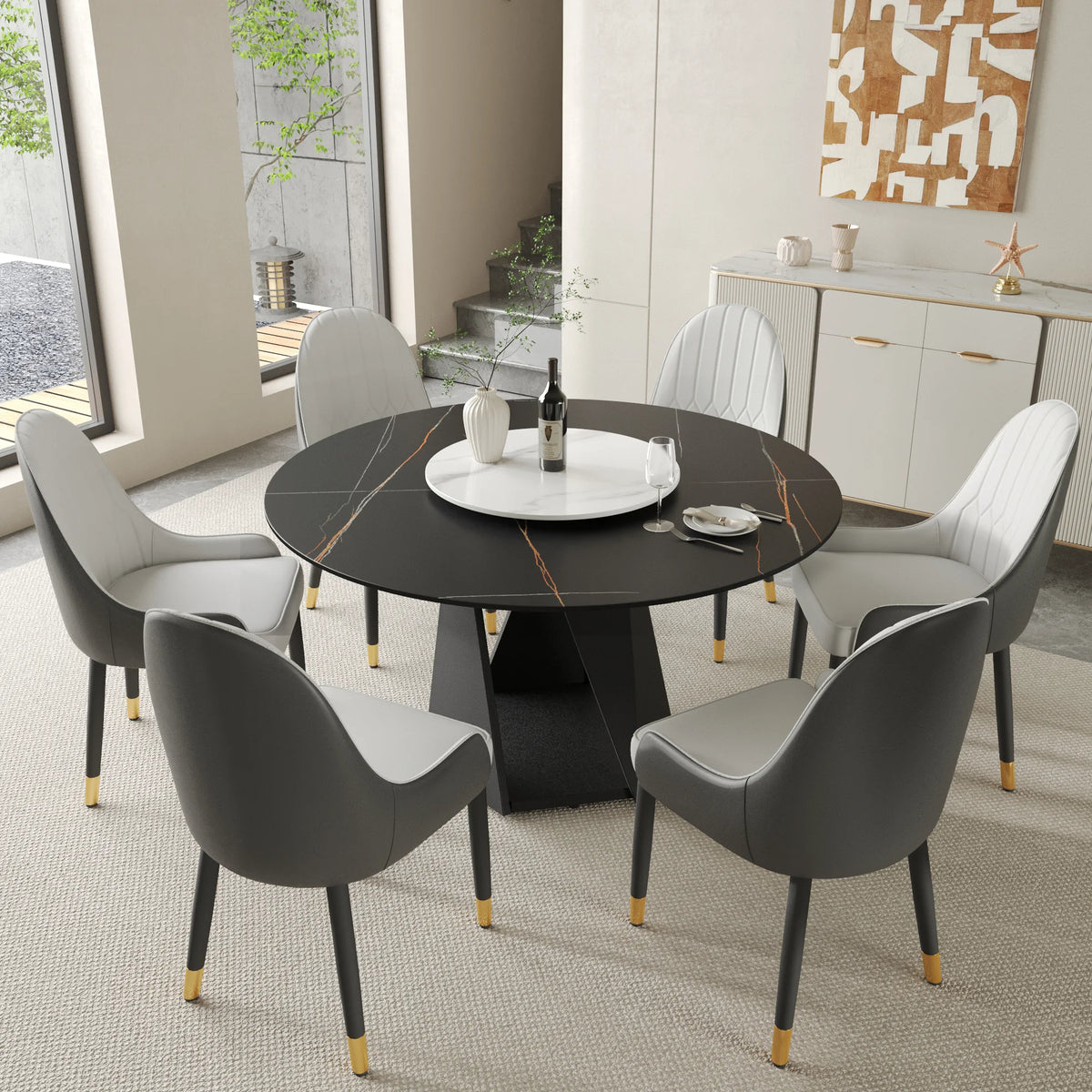 Marbella Sintered Stone Dining Table | 53" Matte Black Round With Lazy Susan Turntable