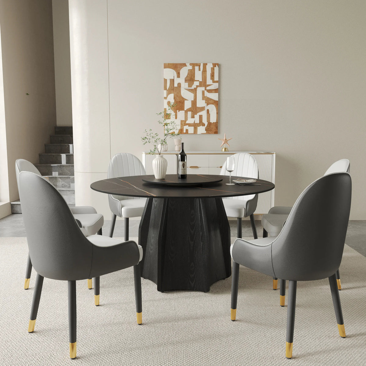 Marbella Sintered Stone Dining Table | 53" Matte Black Round With Lazy Susan Turntable