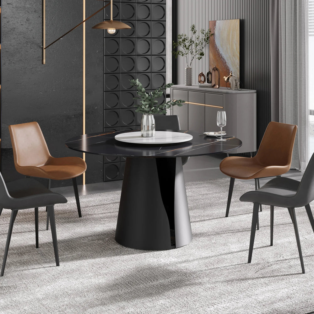 Marbella Sintered Stone Dining Table | 53" Matte Black Round With Lazy Susan Turntable