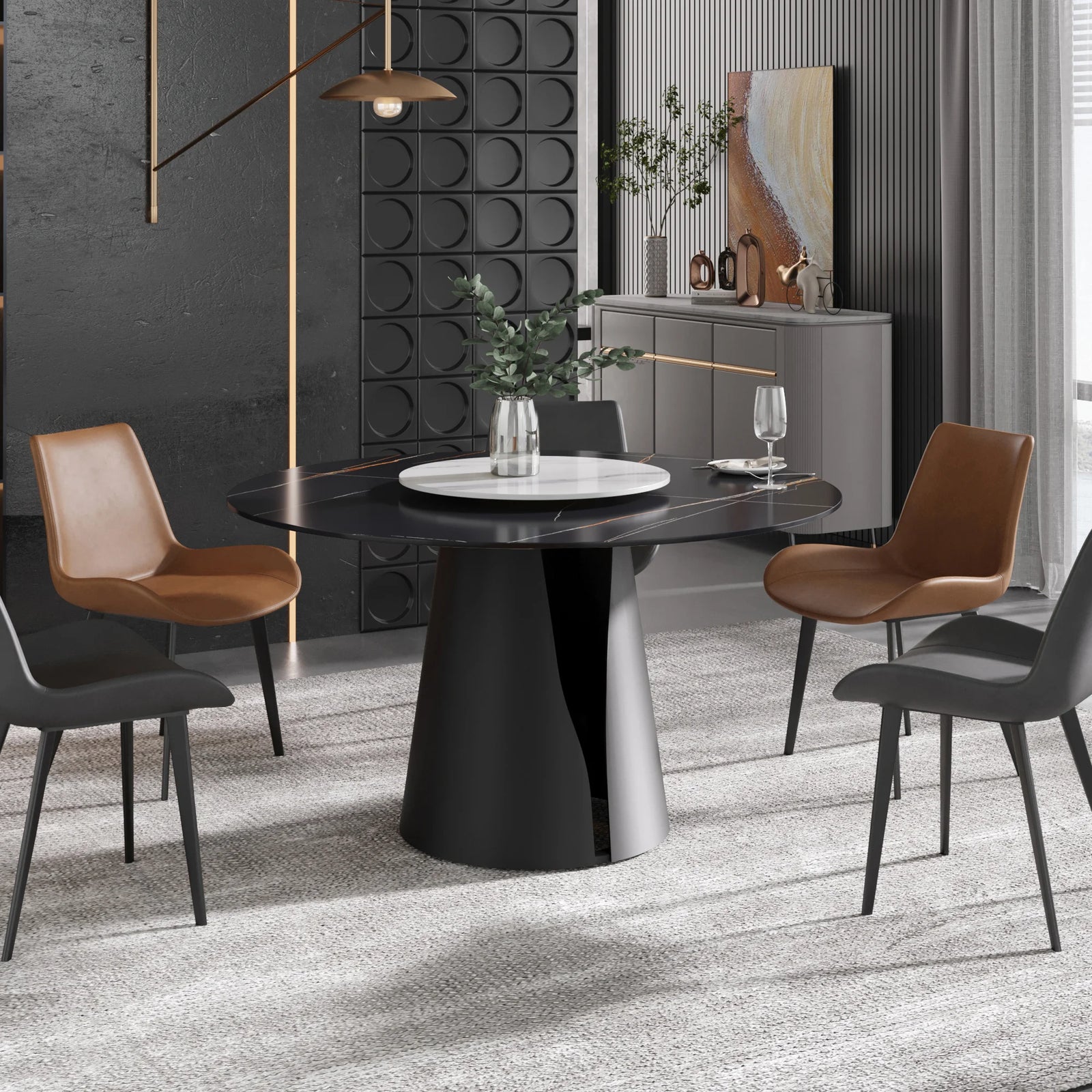 Mesa de comedor Marbella de piedra sinterizada | Redonda de 135 cm (53") en negro mate con plato giratorio Lazy Susan