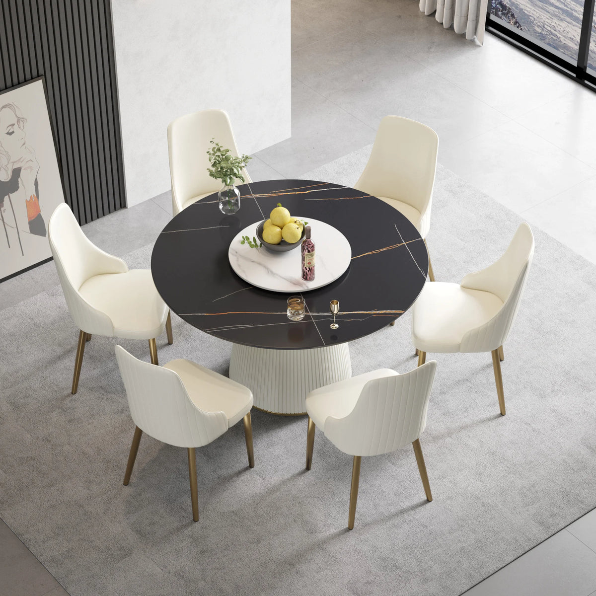 Marbella Sintered Stone Dining Table | 53" Matte Black Round With Lazy Susan Turntable