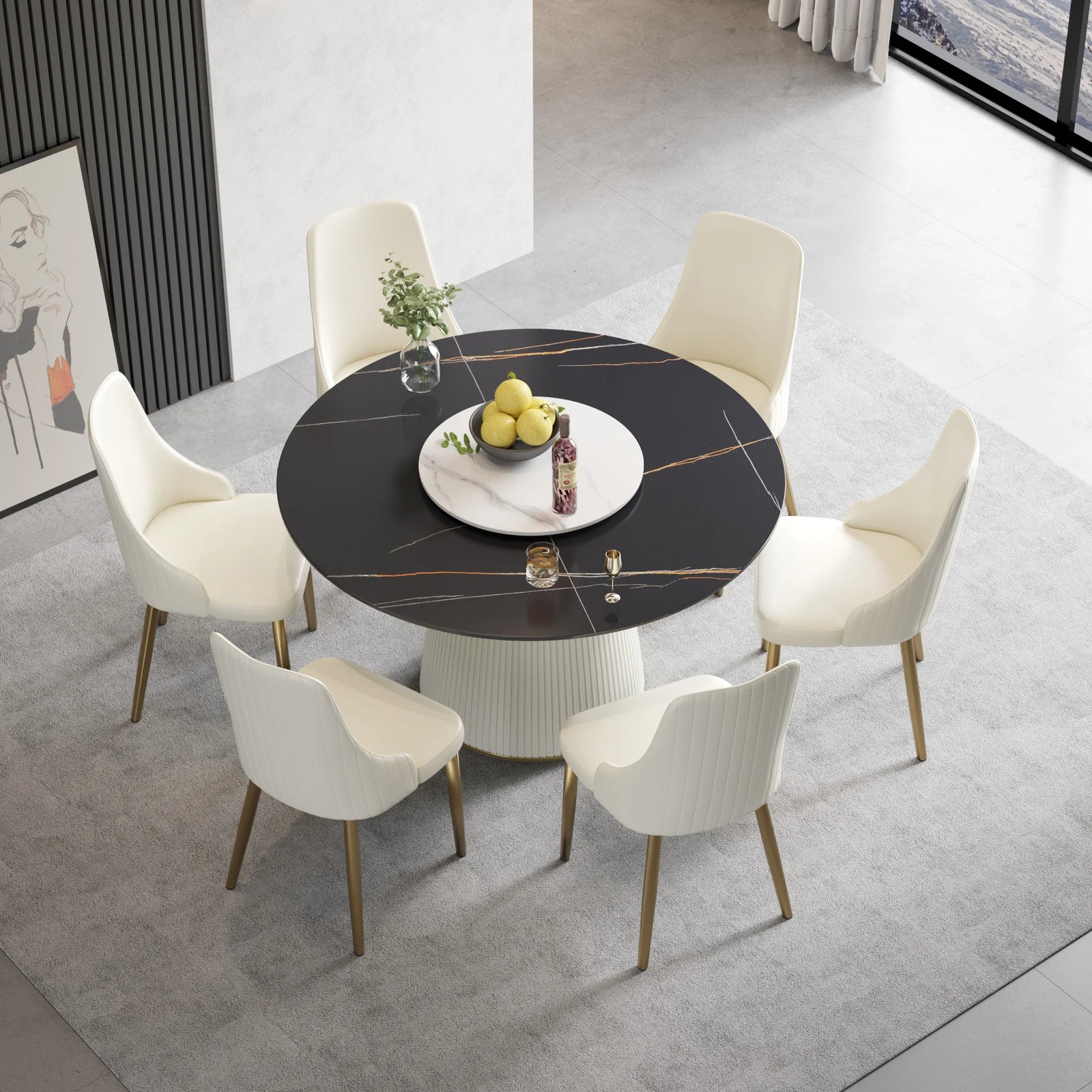 Mesa de comedor Marbella de piedra sinterizada | Redonda de 135 cm (53") en negro mate con plato giratorio Lazy Susan