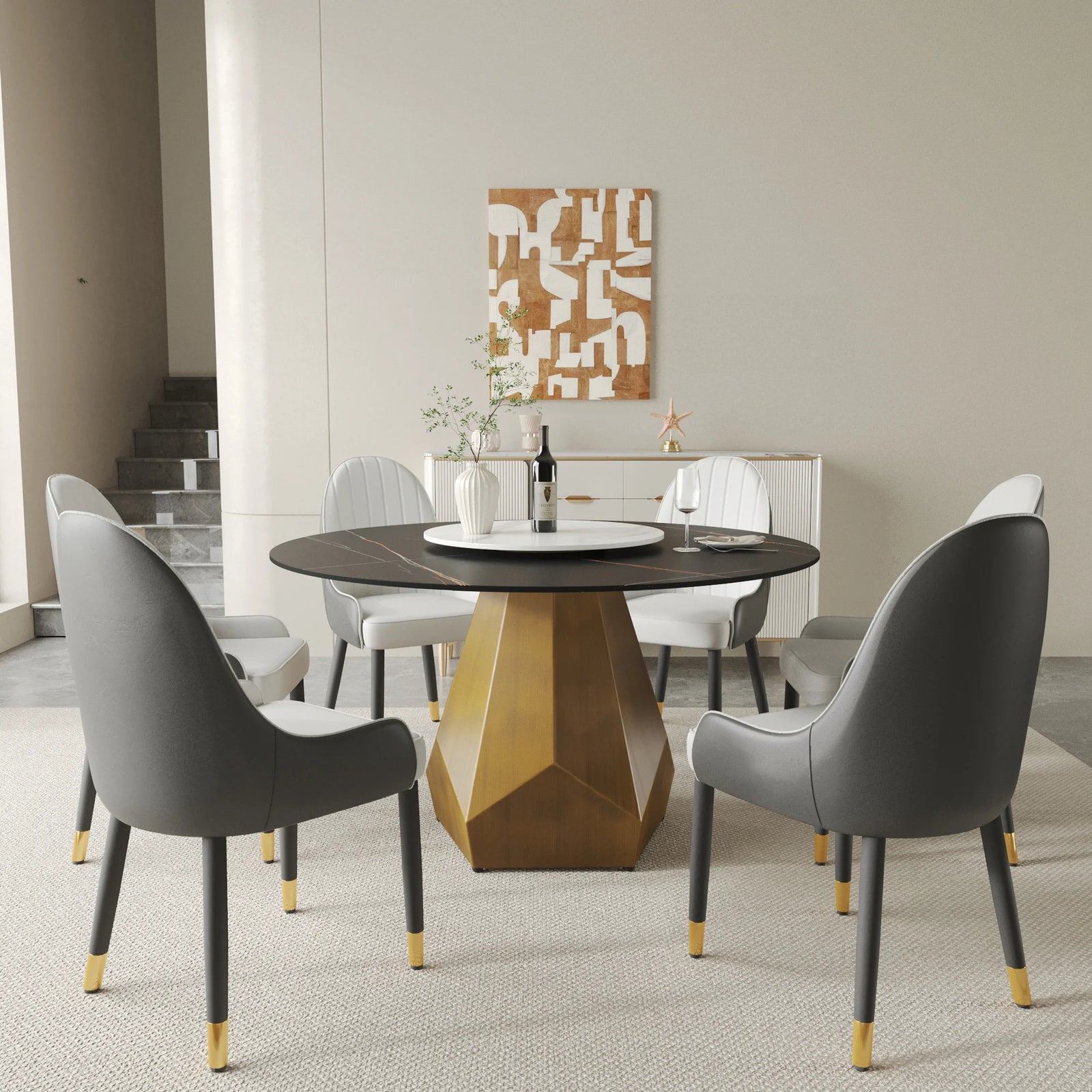 Mesa de comedor Marbella de piedra sinterizada | Redonda de 135 cm (53") en negro mate con plato giratorio Lazy Susan