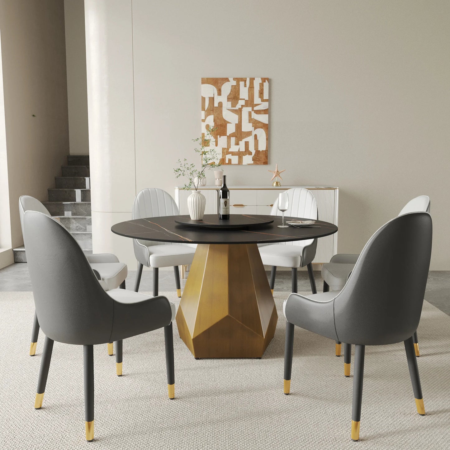 Marbella Sintered Stone Dining Table | 53" Matte Black Round With Lazy Susan Turntable