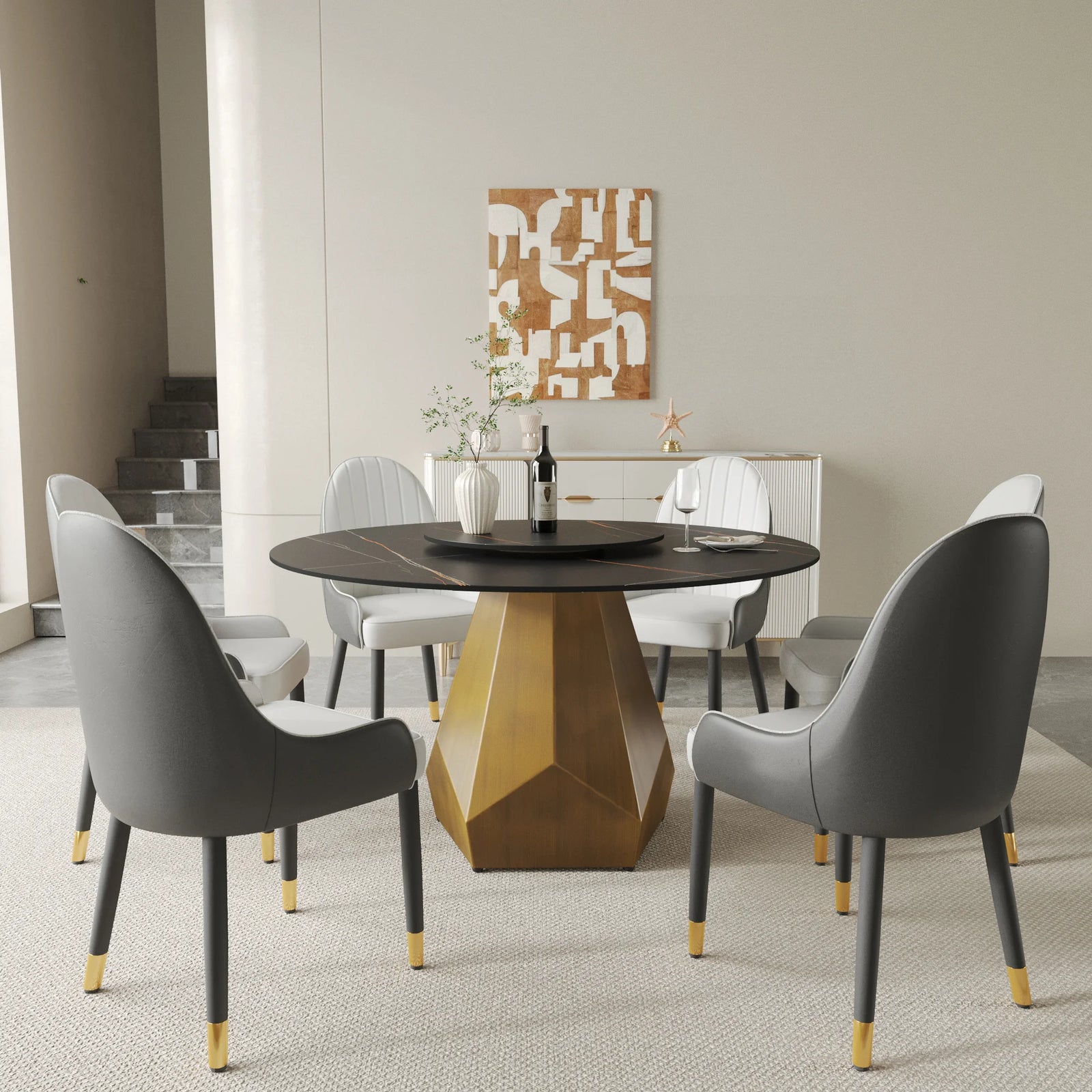 Marbella Sintered Stone Dining Table | 53" Matte Black Round With Lazy Susan Turntable