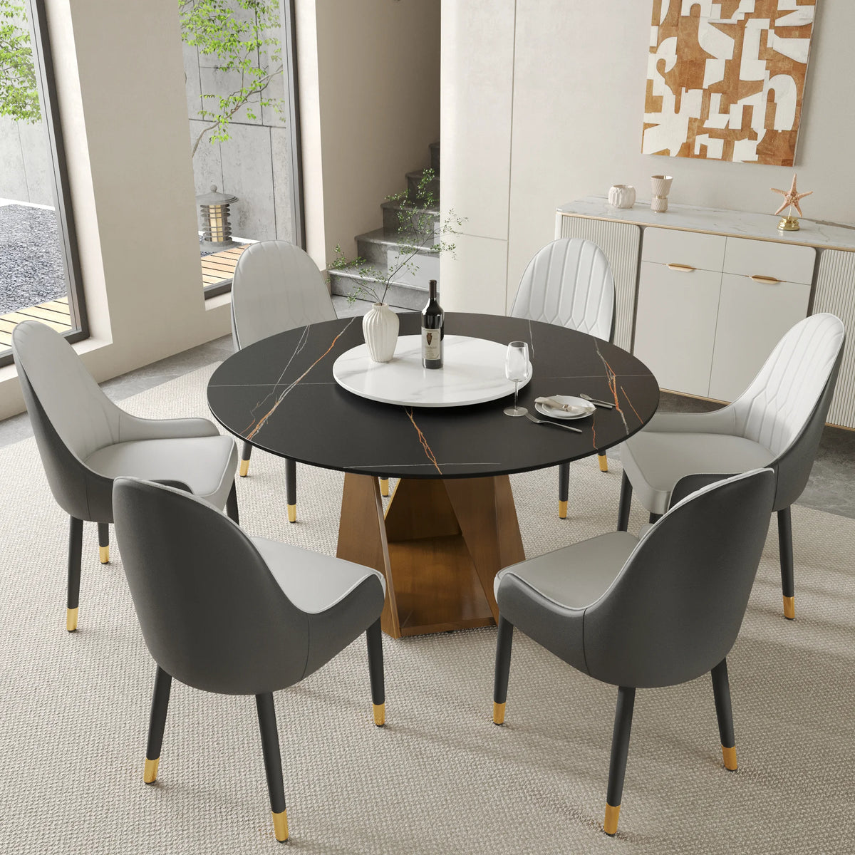 Marbella Sintered Stone Dining Table | 53" Matte Black Round With Lazy Susan Turntable